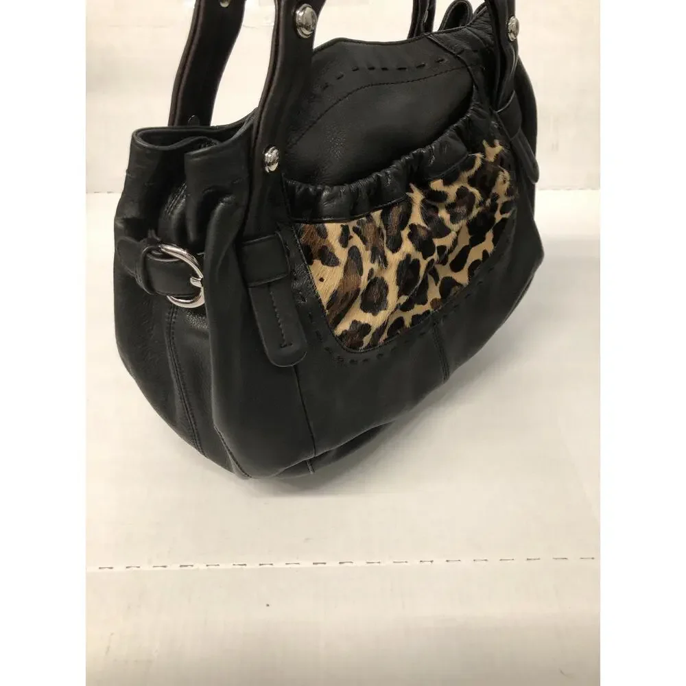 B Makowsky Soft Leather Black Front Leopard Calfhair Print Pocket Purse Hobo Bag